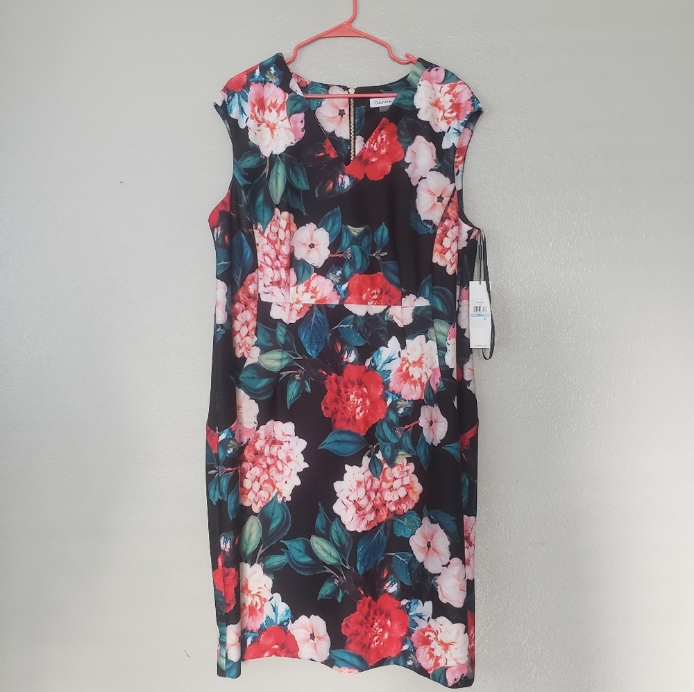 NWT Plus Calvin Klein Floral V-Neck Scuba Dress - Picture 1 of 8